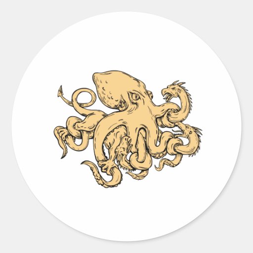 Image of Giant Octopus Fighting Hydra Drawing Classic Round Sticker