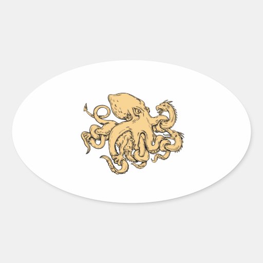 Image of Giant Octopus Fighting Hydra Drawing Oval Sticker