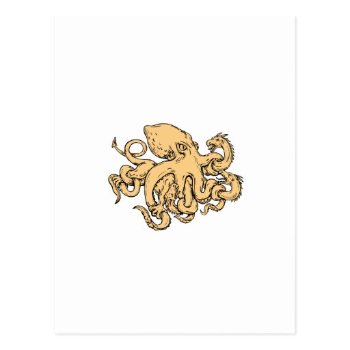 Image of Giant Octopus Fighting Hydra Drawing Postcard