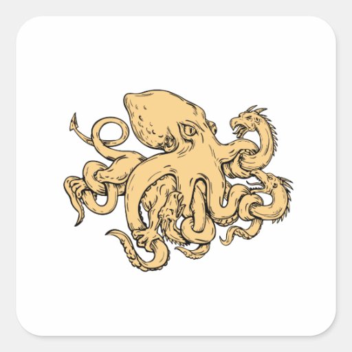Image of Giant Octopus Fighting Hydra Drawing Square Sticker