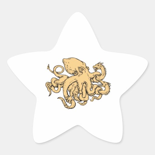 Image of Giant Octopus Fighting Hydra Drawing Star Sticker