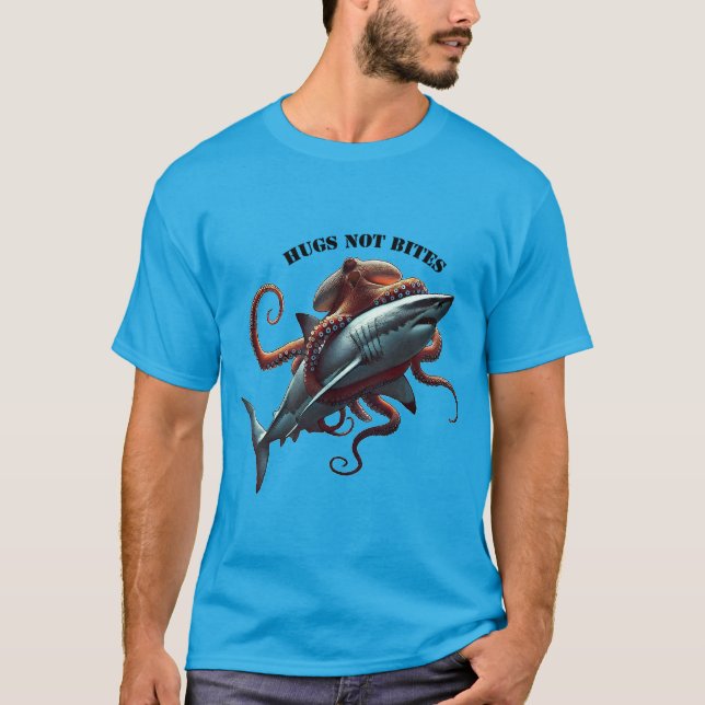 Giant Octopus Hugging a Huge Great White Shark URM T-Shirt (Front)