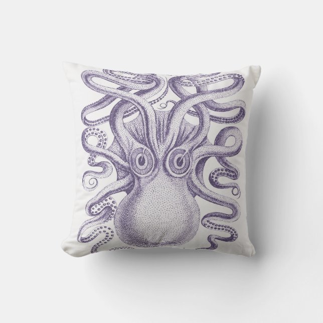 Giant Octopus, Squid Ink Blue & White Throw Pillow (Front)