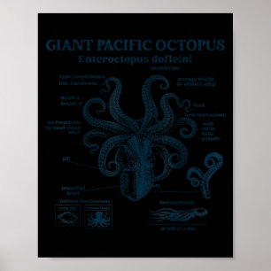 Giant pacific octopus anatomy ocean sea biology poster