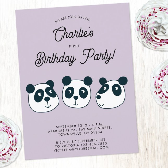 Giant Panda Bear First Birthday Party Invitation Postcard (Cute panda bear animal themed personalized first birthday party invitation)