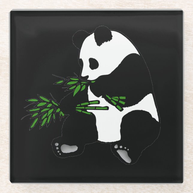 Giant Panda Eats Bamboo Black Glass Coaster (Front)