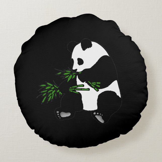 Giant Panda Eats Bamboo Black Round Cushion (Back)