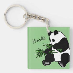 Giant Panda Eats Bamboo Name  Key Ring