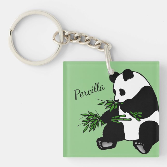 Giant Panda Eats Bamboo Name  Key Ring (Front)