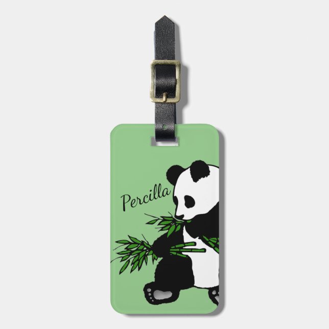 Giant Panda Eats Bamboo Name Luggage Tag (Front Vertical)