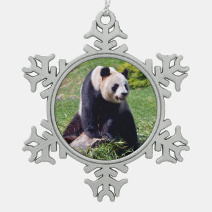 Giant panda sitting on a stone snowflake pewter christmas ornament