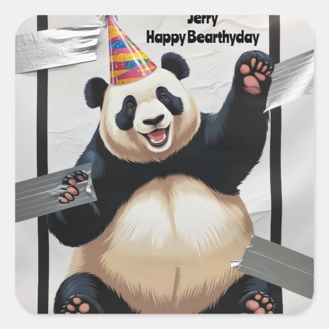 Giant panda sitting up wearing birthday hat square sticker (Front)