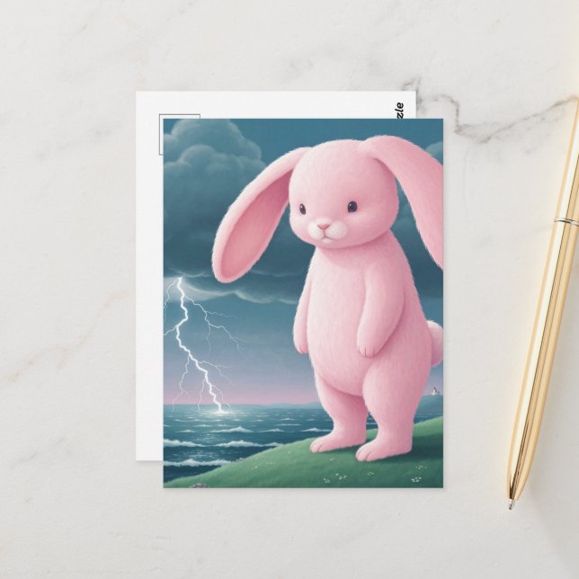 Giant Pink Bunny in a Thunderstorm Postcard (Front/Back In Situ)