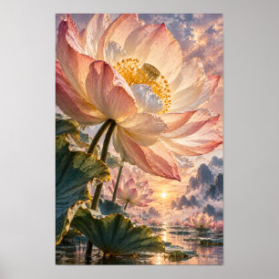 Giant Pink Lotus at Sunset Lake Fantasy Wall Art