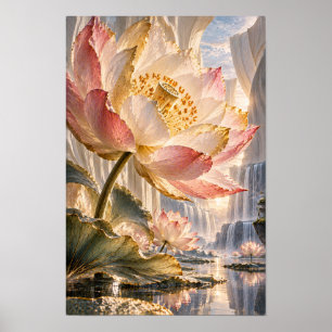 Giant Pink Lotus in Waterfall Sanctuary Wall Art