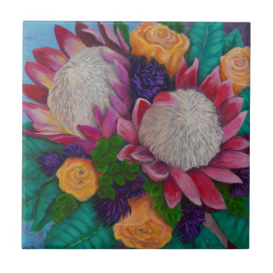 Giant Proteas and Orange Roses Tile