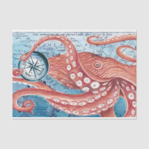 Giant Red Pacific Octopus Compass Vintage Map Art Tissue Paper