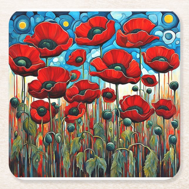 Giant Red Poppies 2 Square Paper Coaster (Front)