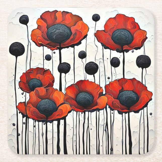 Giant Red Poppies 3 Square Paper Coaster (Front)