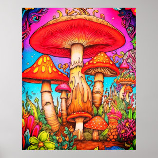 Giant Red + Yellow Whimsical Mushrooms On a Wall Poster
