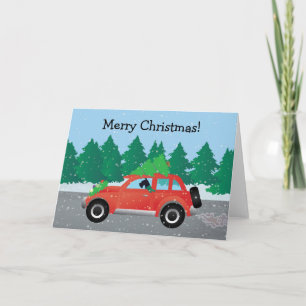 Giant Schnauzer Driving a Car - tree on top Holiday Card