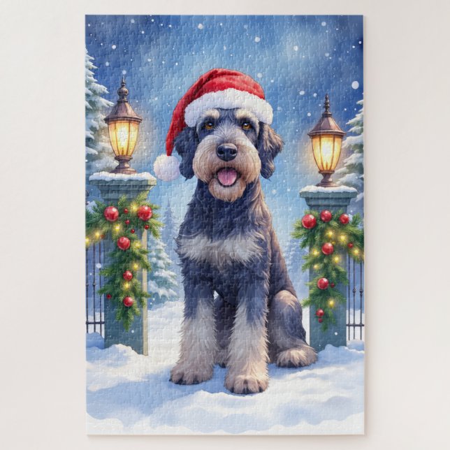 Giant Schnauzer Snowy Iron Fence Santa Christmas Jigsaw Puzzle (Vertical)