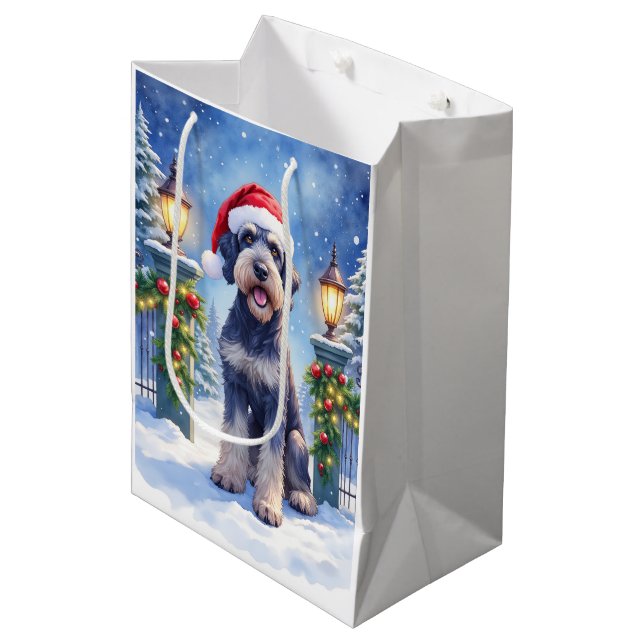 Giant Schnauzer Snowy Iron Fence Santa Christmas Medium Gift Bag (Front Angled)