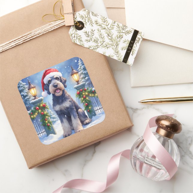 Giant Schnauzer Snowy Iron Fence Santa Christmas Square Sticker (Gifting)