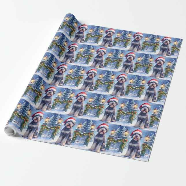 Giant Schnauzer Snowy Iron Fence Santa Christmas Wrapping Paper (Unrolled)