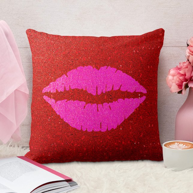 Giant sparkly pink lips on red glitter background cushion (Creator Uploaded)