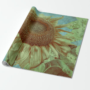 Giant Sunflower Teal Yellow Green Antique Vintage Wrapping Paper