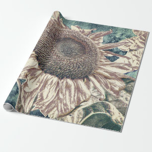 Giant Sunflower Vintage Teal Sepia Art Decoupage Wrapping Paper