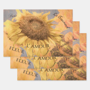 Giant Sunflowers Country Yellow Grey Script Wrapping Paper Sheet