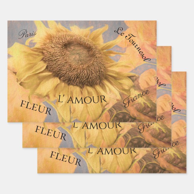 Giant Sunflowers Country Yellow Grey Script Wrapping Paper Sheet (Set)