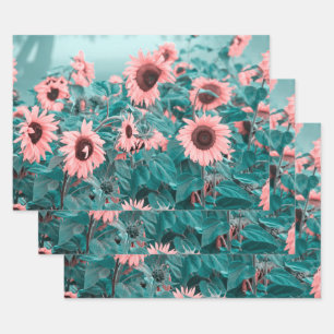 Giant Sunflowers Pink Teal Floral Decoupage Art Wrapping Paper Sheet