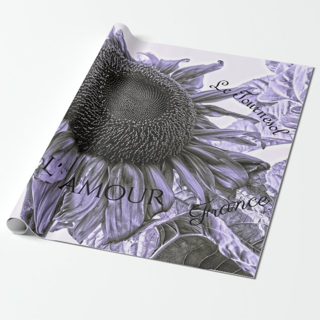 Giant Sunflowers Vintage Purple Decoupage Script Wrapping Paper (Unrolled)