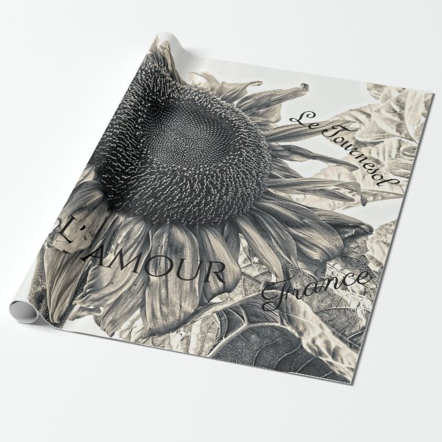Giant Sunflowers Vintage Sepia Decoupage Ephemera Wrapping Paper (Unrolled)
