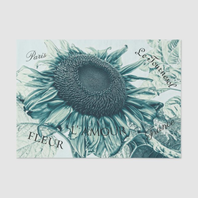 Giant Sunflowers Vintage Teal Green Script Tissue Paper (Front)
