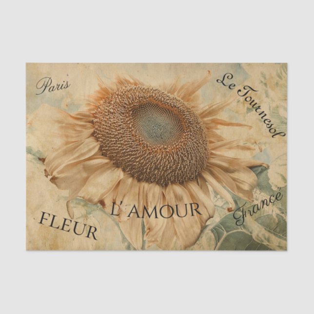 Giant Sunflowers Yellow Vintage Decoupage Script Tissue Paper (Front)