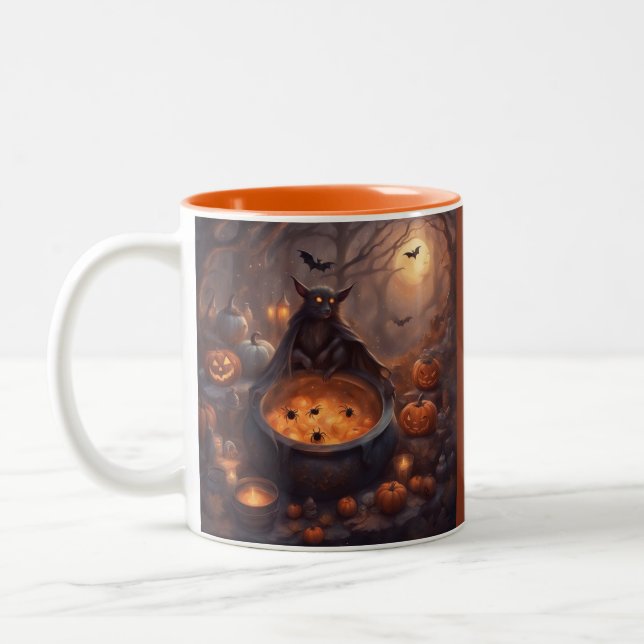 Giant Vampire Bat with a cauldron full of spiders  Two-Tone Coffee Mug (Left)