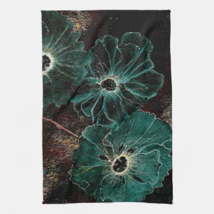 Giant Vintage Art Deco Flowers in Aqua Tea Towel