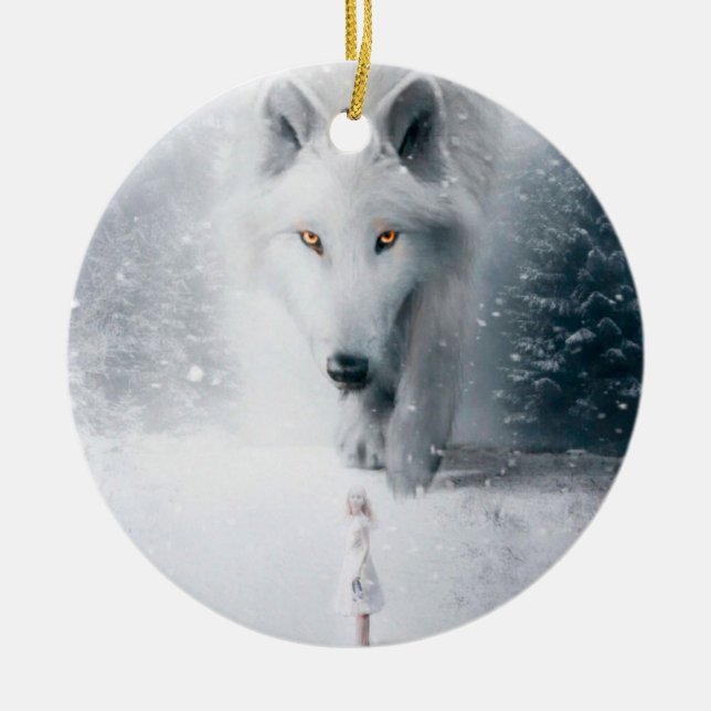 Giant white wolf ceramic tree decoration (Front)