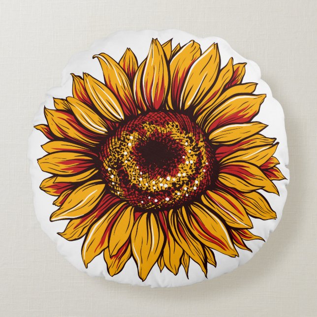 Giant Yellow and Red Sunflower Round Cushion (Front)