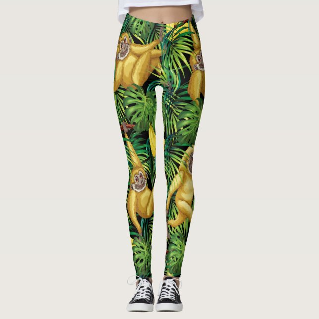 Gibbon Apes In Tropical Rainforest Banana Jungle Leggings (Front)