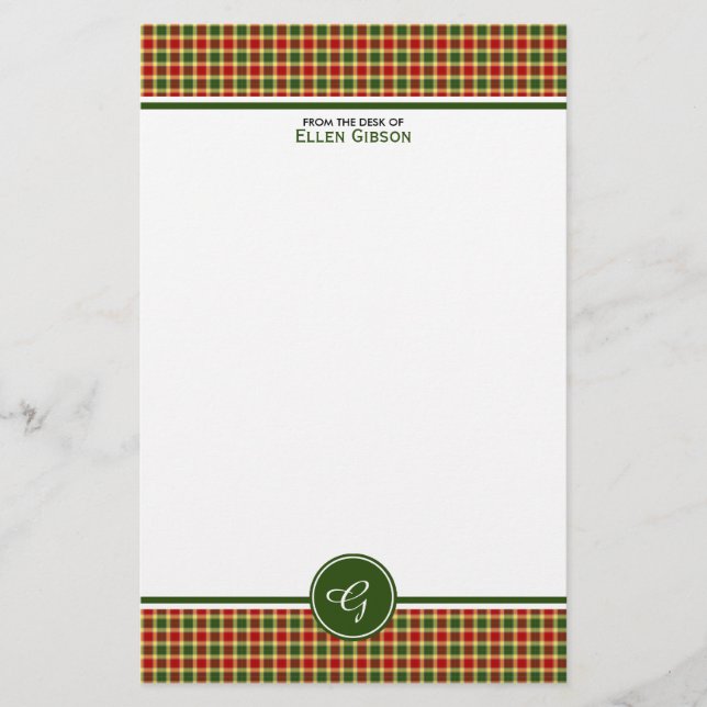 Gibbs Clan Tartan Red and Yellow Plaid Monogram Stationery (Front)
