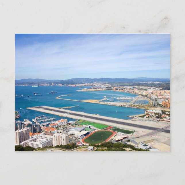 Gibraltar Cityscape and Airport Runway from Above Postcard (Front)