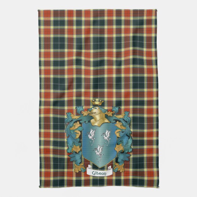 Gibson Coat of Arms and Modern Tartan Tea Towel (Vertical)