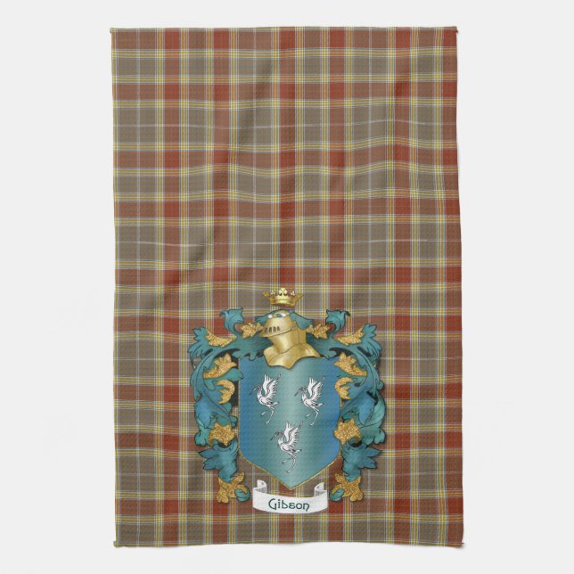 Gibson Coat of Arms and Tartan Tea Towel (Vertical)