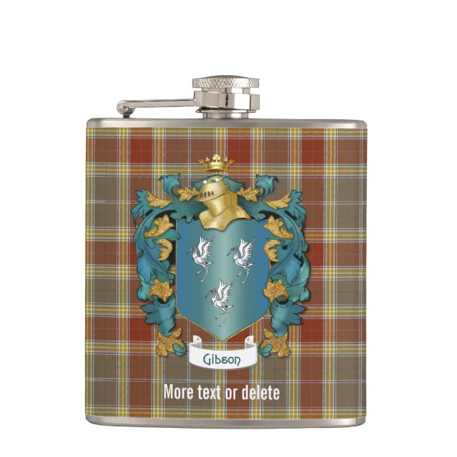 Gibson Family Crest and Tartan Plaid Hip Flask (Front)