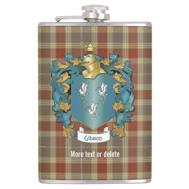 Gibson Family Crest and Tartan Plaid Hip Flask (Front)